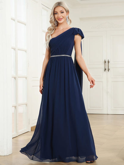 Convertible Embellished Waist Asymmetrical One Shoulder Chiffon Evening Dress