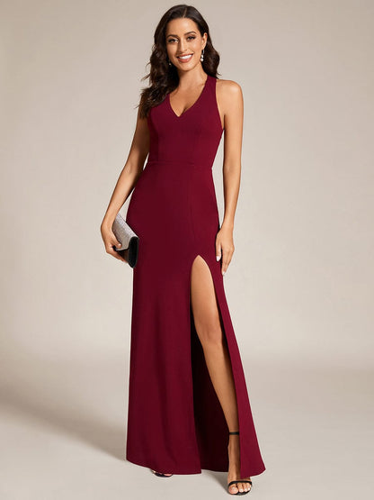 Custom Size V-Neck Sleeveless Bodycon Evening Dress #color_Burgundy