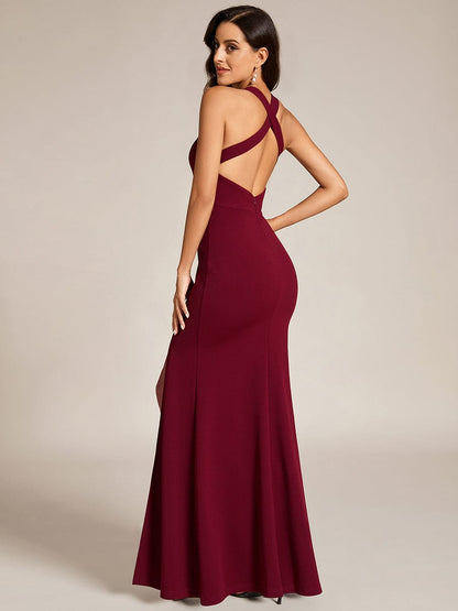 Custom Size V-Neck Sleeveless Bodycon Evening Dress #color_Burgundy