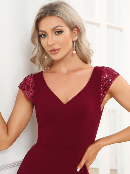 Custom Size Sequin Deep V Trail Sequin Fashion Evening Dress #color_Burgundy