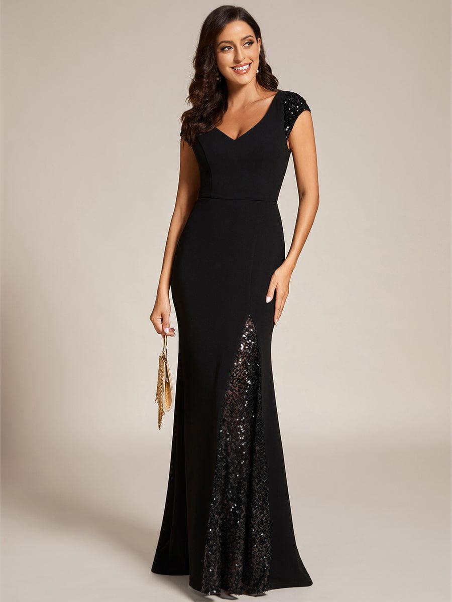 Custom Size Sequin Deep V Trail Sequin Fashion Evening Dress #color_Black