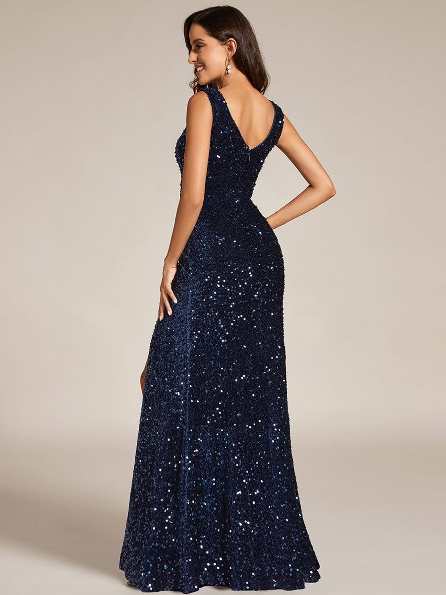 Custom Size V-neck Sequin Slit Mermaid Floor Length Evening Dress #color_Navy Blue