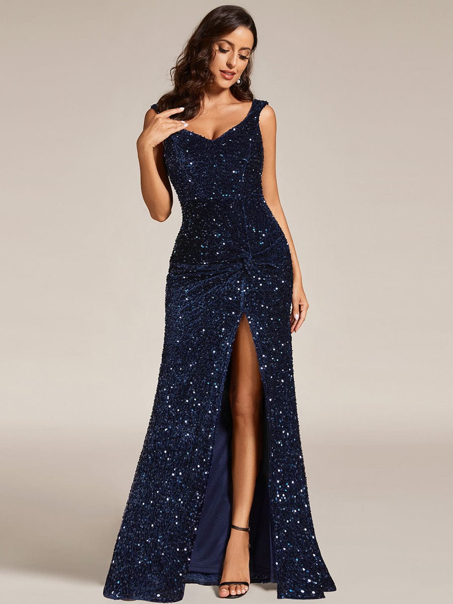 Custom Size V-neck Sequin Slit Mermaid Floor Length Evening Dress #color_Navy Blue