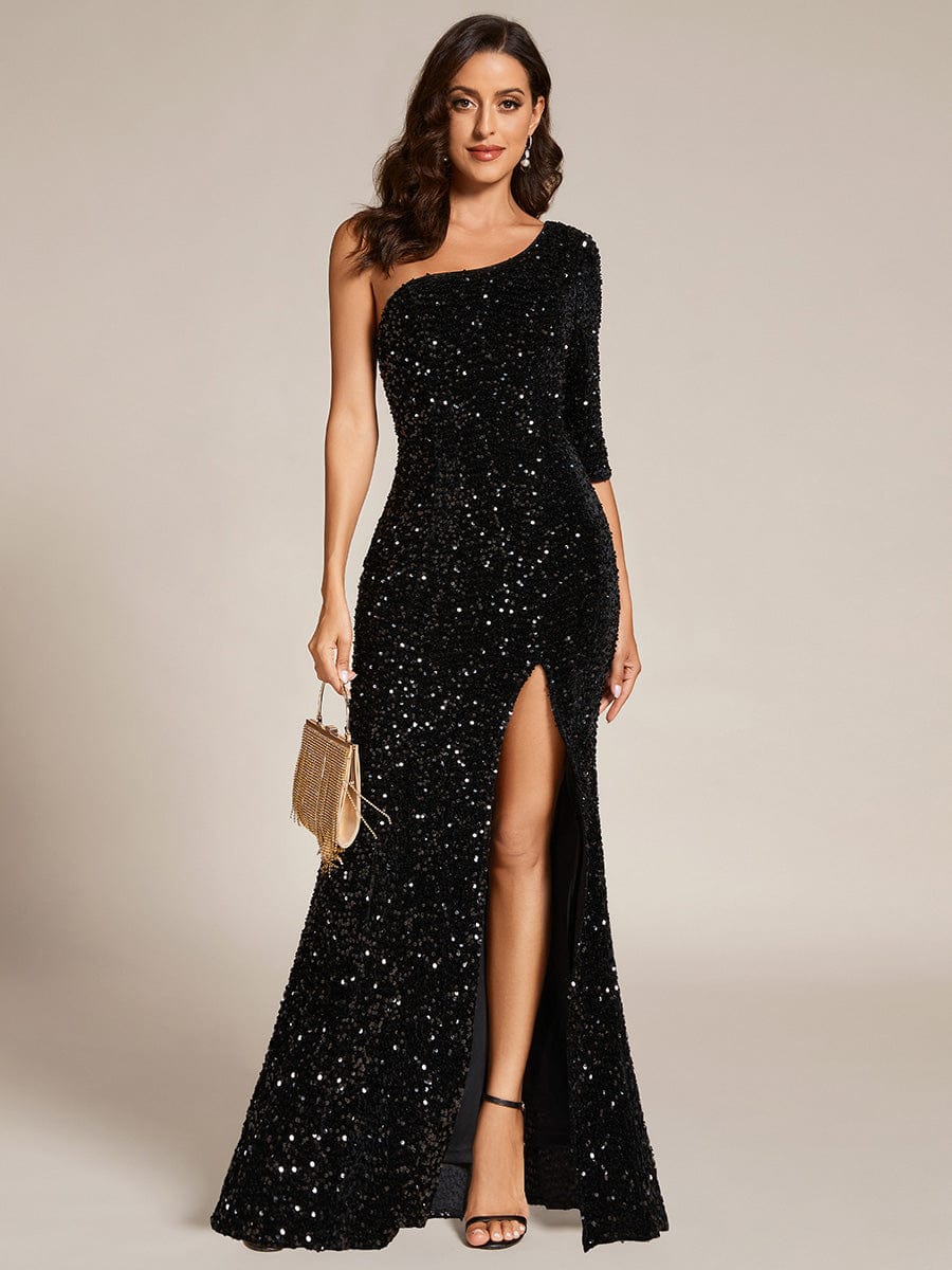 Custom Size Slit One-Shoulder Sequin Evening dress Maxi with bare legs #color_Black