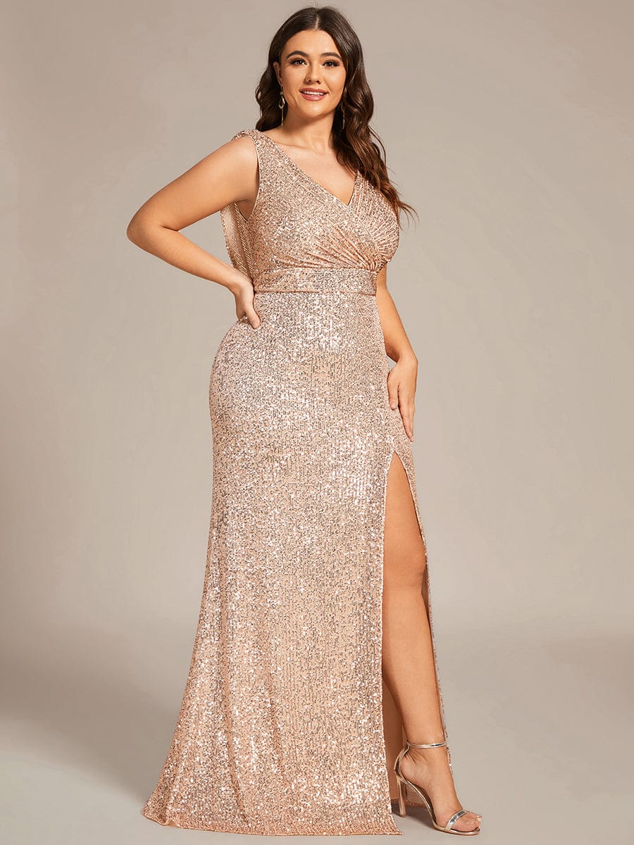 Custom Size Plus Size Sleeveless V-Neck Bodycon Evening Dress #color_Rose Gold