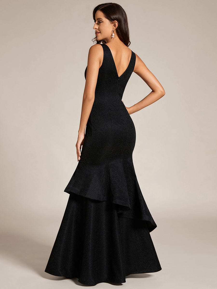 Custom Size Sleeveless V-Neck Floor Length Ruffle Evening Dress #color_Black