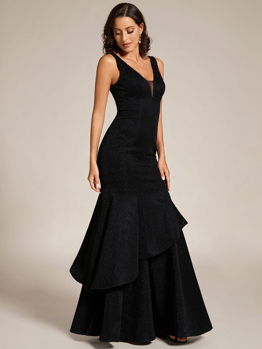 Custom Size Sleeveless V-Neck Floor Length Ruffle Evening Dress #color_Black