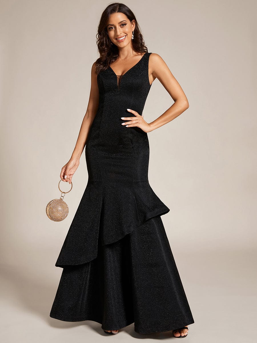 Custom Size Sleeveless V-Neck Floor Length Ruffle Evening Dress #color_Black