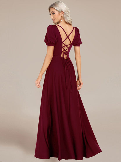 Custom Size Lace-up Back Puffy Sleeves Square Neck Evening Dress #color_Burgundy