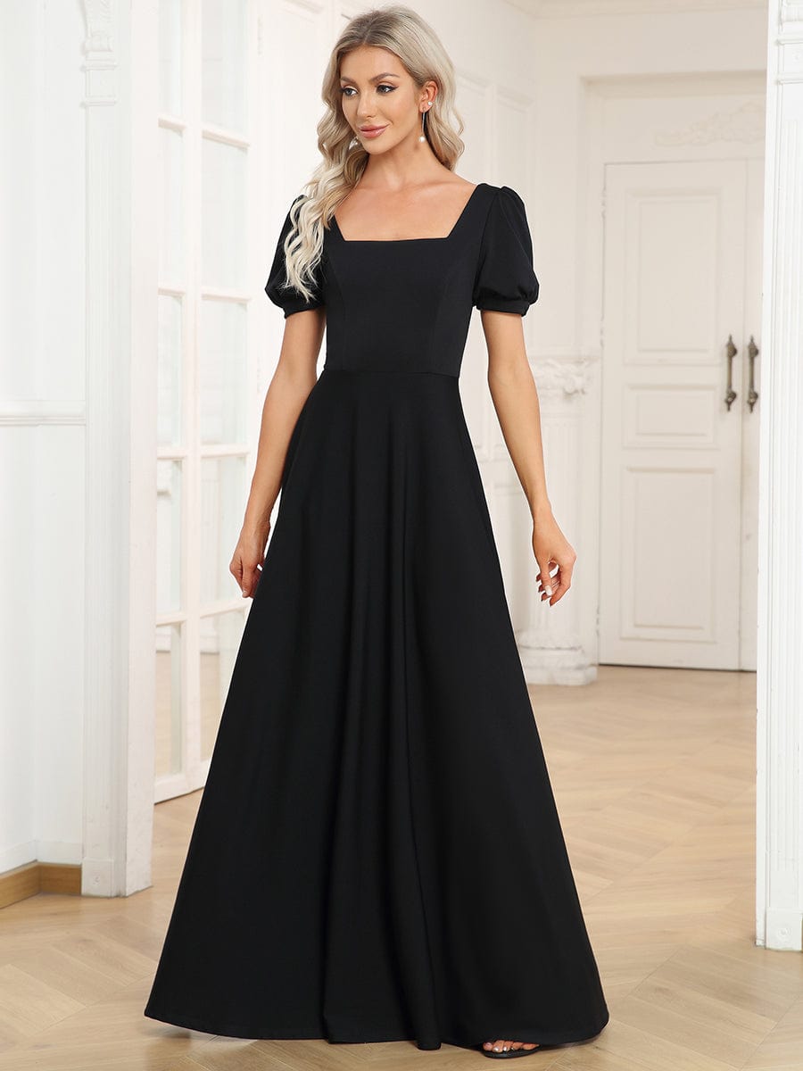 Custom Size Lace-up Back Puffy Sleeves Square Neck Evening Dress #color_Black