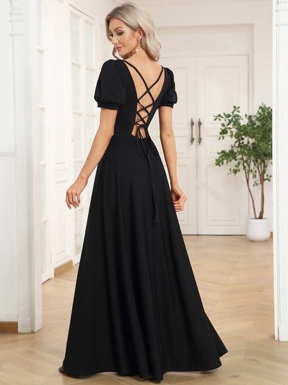 Caged Back Short Sleeve Square Neck A-Line Evening Dress