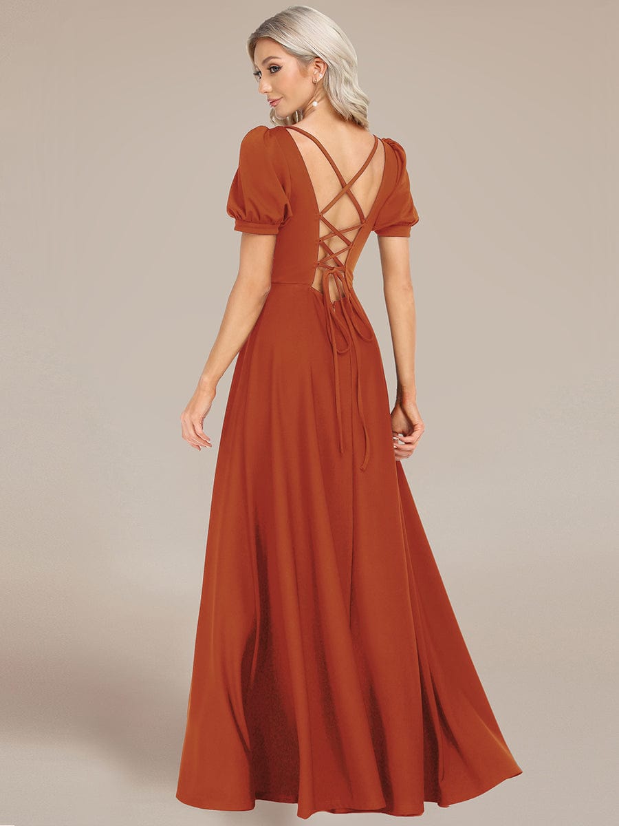 Custom Size Lace-up Back Puffy Sleeves Square Neck Evening Dress #color_Burnt Orange