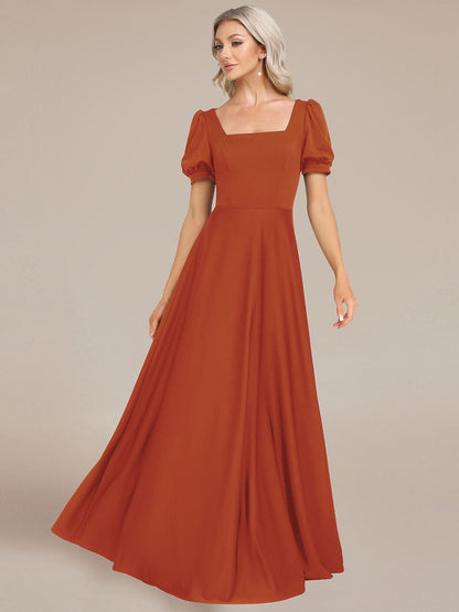 Custom Size Lace-up Back Puffy Sleeves Square Neck Evening Dress #color_Burnt Orange