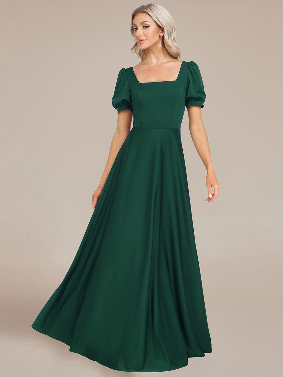 Custom Size Lace-up Back Puffy Sleeves Square Neck Evening Dress #color_Dark Green