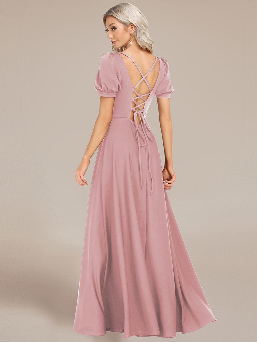 Custom Size Lace-up Back Puffy Sleeves Square Neck Evening Dress #color_Dusty Rose