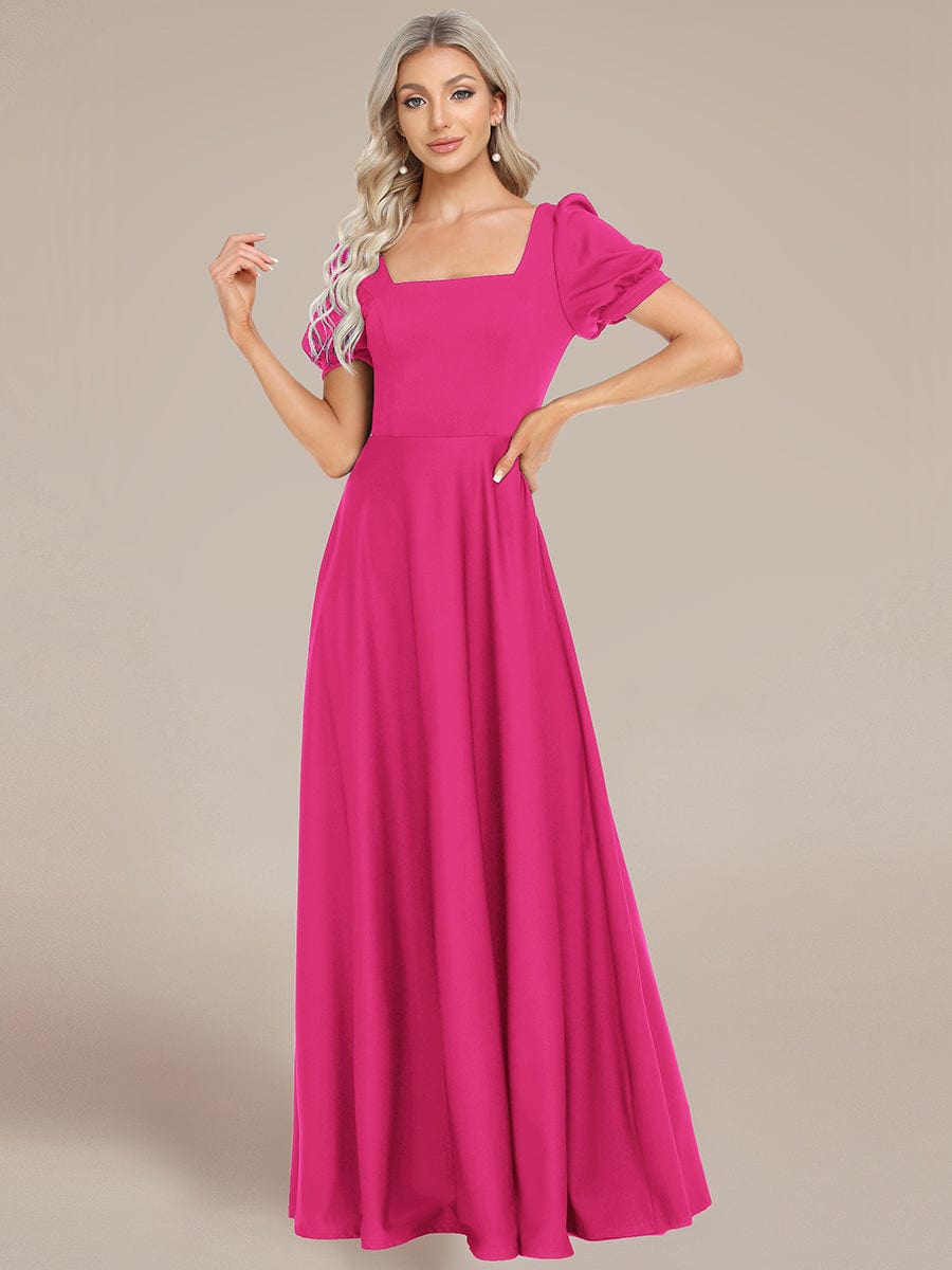 Custom Size Lace-up Back Puffy Sleeves Square Neck Evening Dress #color_Hot Pink