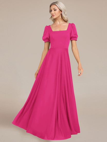 Custom Size Lace-up Back Puffy Sleeves Square Neck Evening Dress #color_Hot Pink