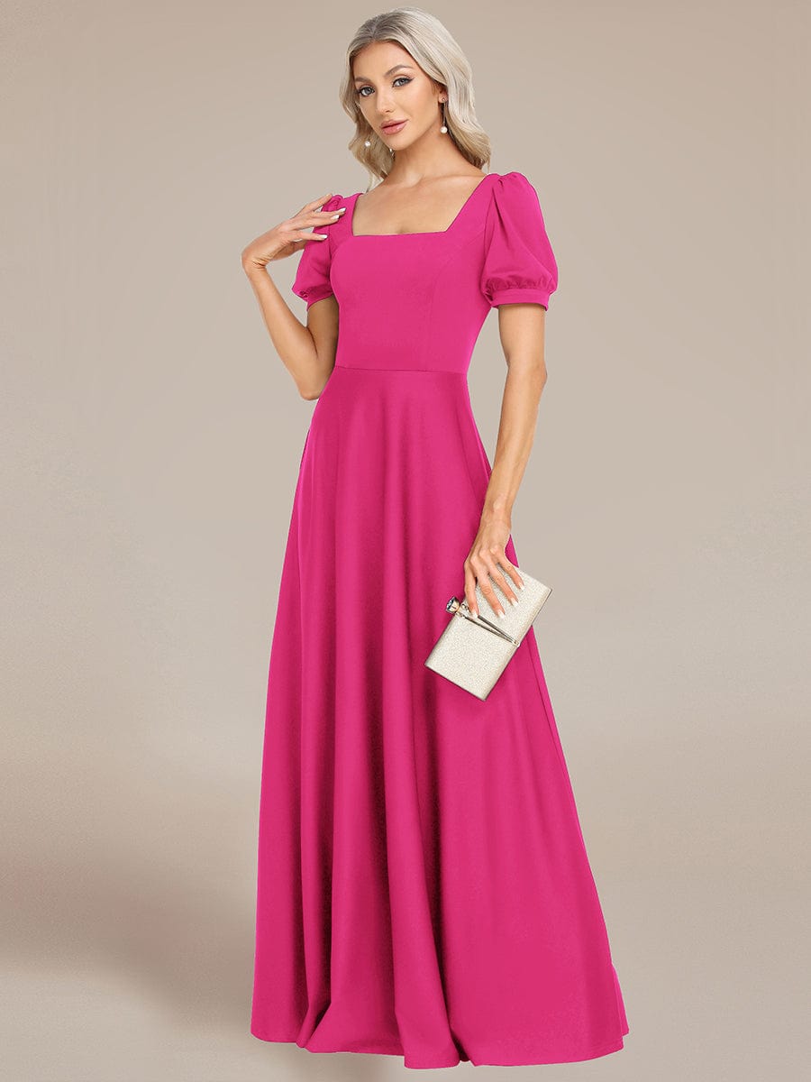 Custom Size Lace-up Back Puffy Sleeves Square Neck Evening Dress #color_Hot Pink