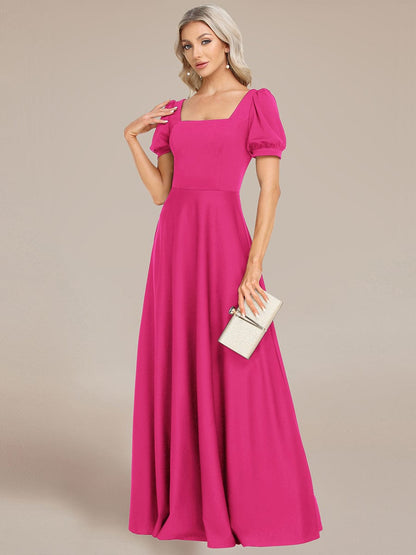 Custom Size Lace-up Back Puffy Sleeves Square Neck Evening Dress #color_Hot Pink