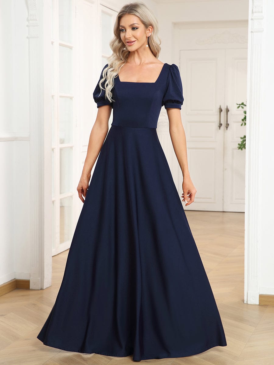 Caged Back Short Sleeve Square Neck A-Line Evening Dress #color_Navy Blue