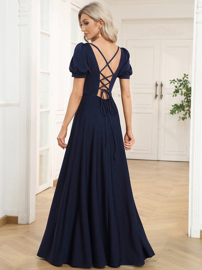 Custom Size Lace-up Back Puffy Sleeves Square Neck Evening Dress #color_Navy Blue