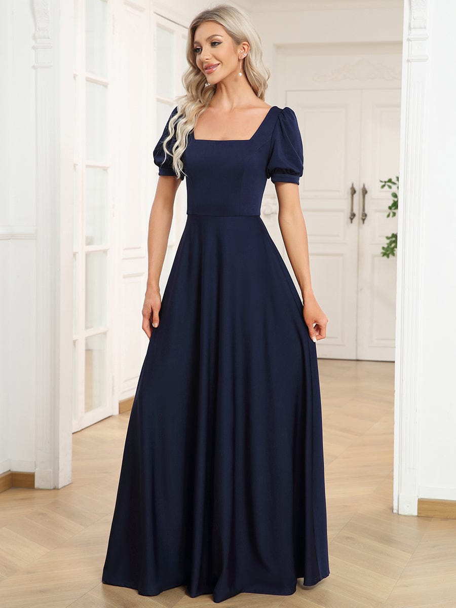 Caged Back Short Sleeve Square Neck A-Line Evening Dress #color_Navy Blue