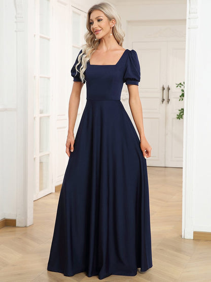 Custom Size Lace-up Back Puffy Sleeves Square Neck Evening Dress #color_Navy Blue