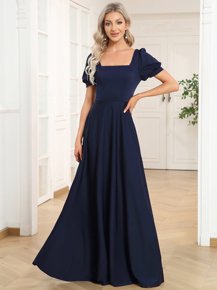 Caged Back Short Sleeve Square Neck A-Line Evening Dress #color_Navy Blue