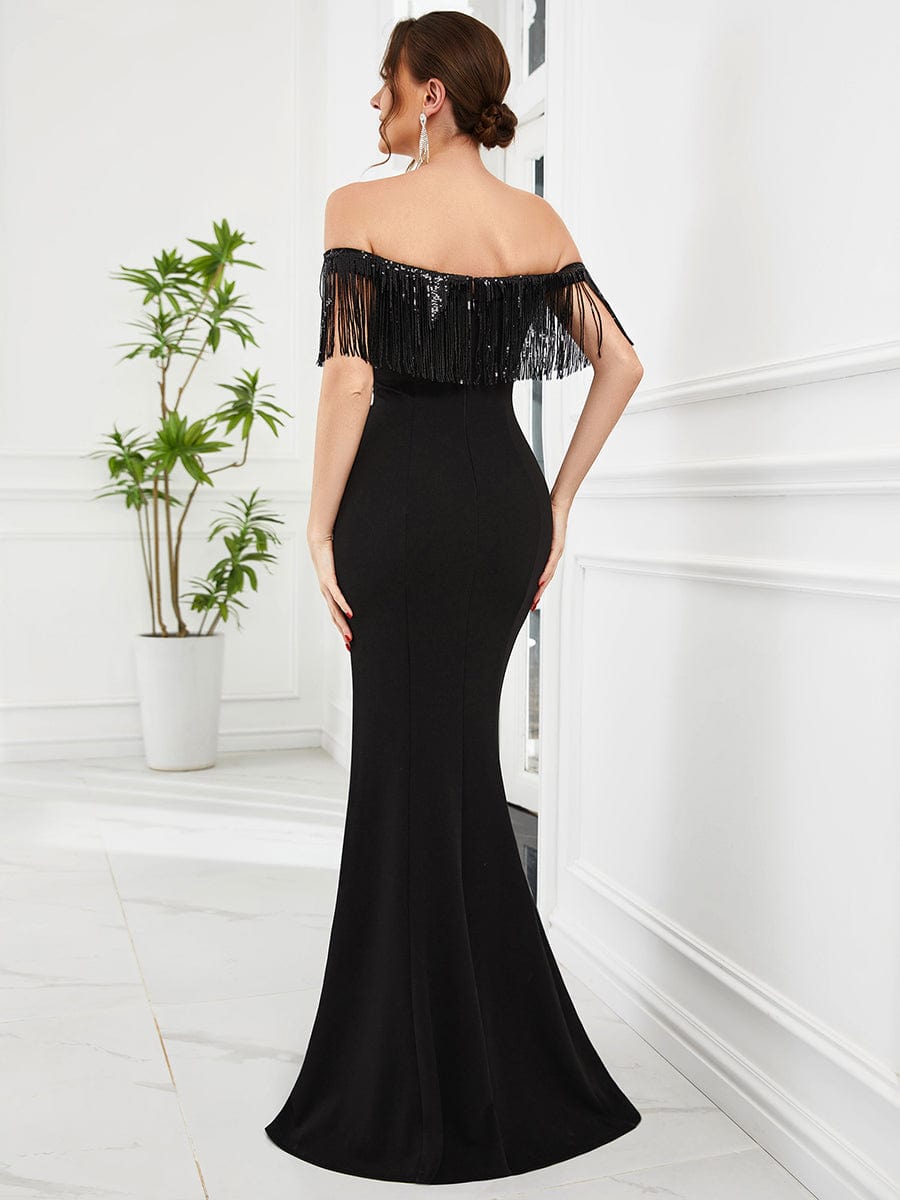 Beaded Tassel Fringe Off-Shoulder Bodycon Fishtail Evening Dress #Color_Black