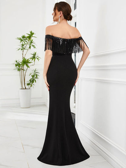 Beaded Tassel Fringe Off-Shoulder Bodycon Fishtail Evening Dress #Color_Black