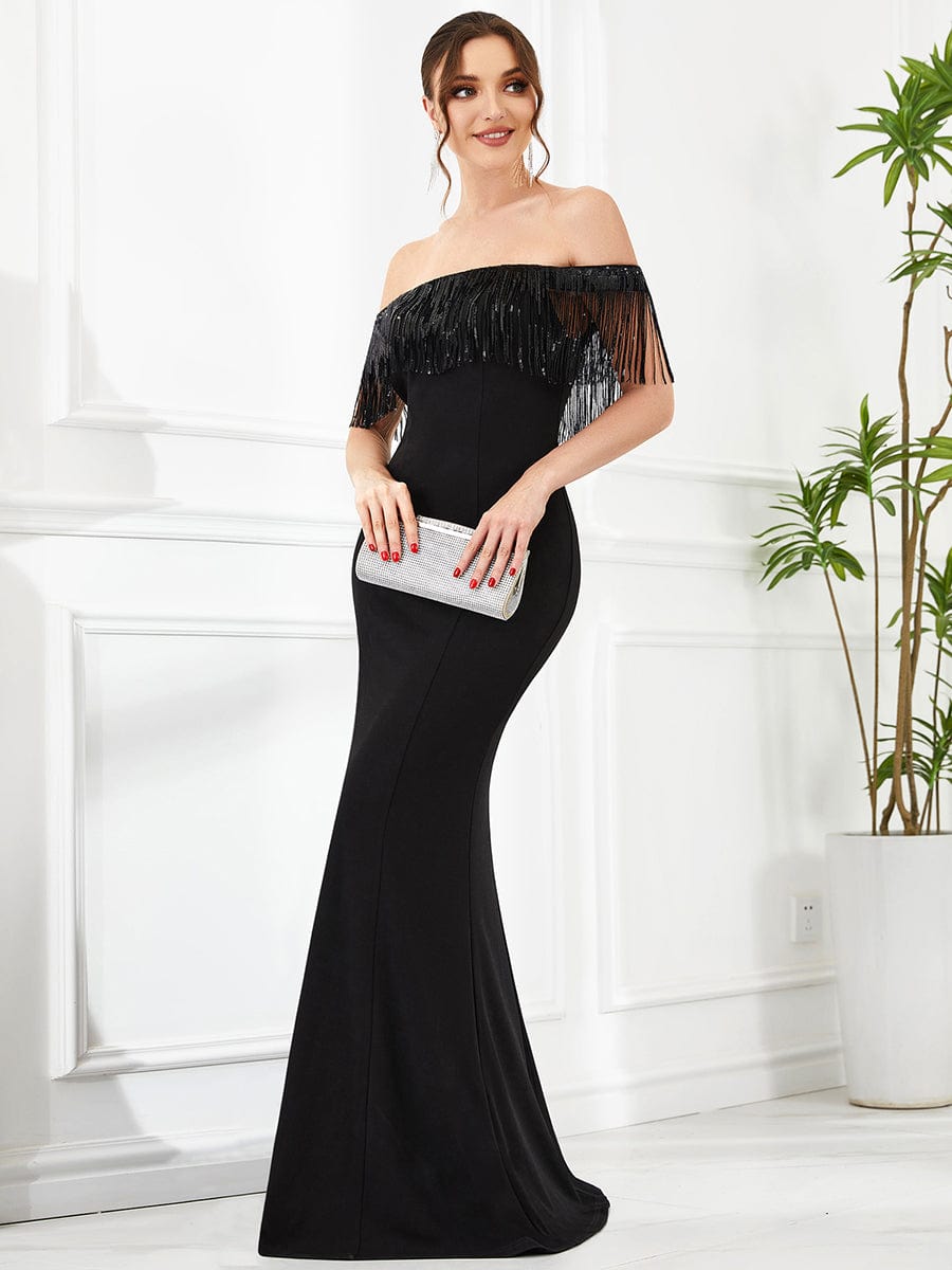 Beaded Tassel Fringe Off-Shoulder Bodycon Fishtail Evening Dress #Color_Black