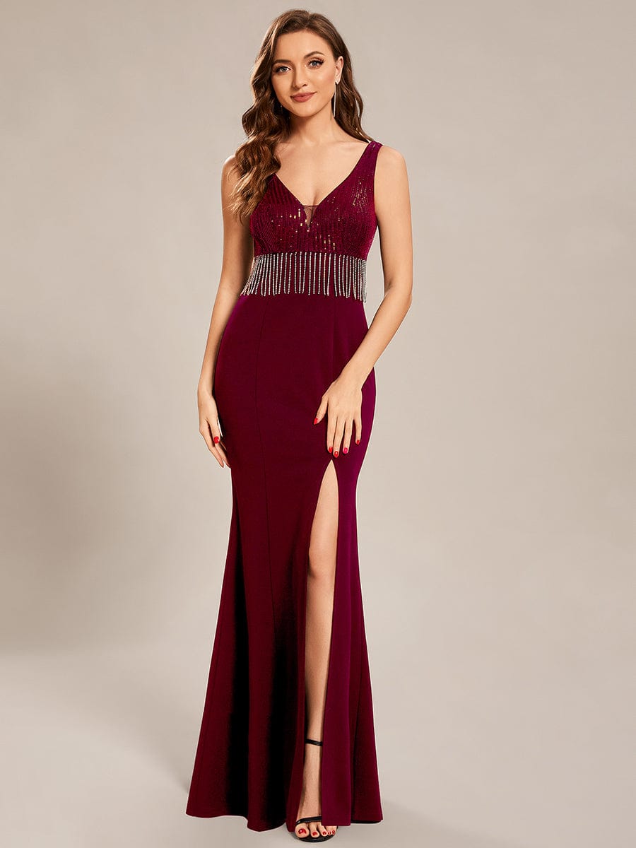 Custom Size Sequin Tassel High Slit Bodycon Evening Dresses #color_Burgundy