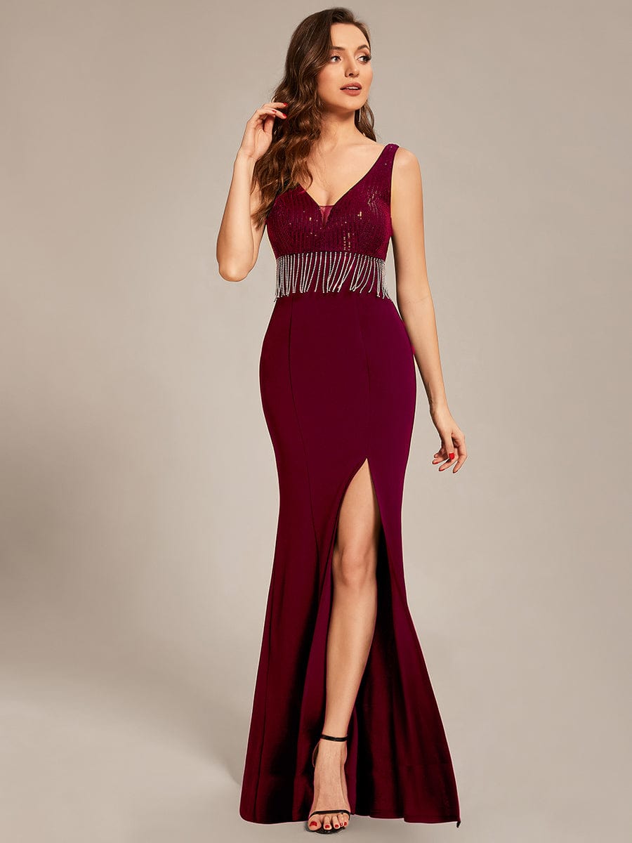 Custom Size Sequin Tassel High Slit Bodycon Evening Dresses #color_Burgundy