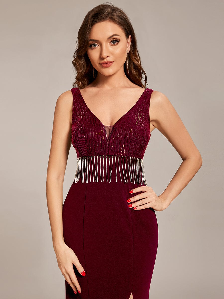 Custom Size Sequin Tassel High Slit Bodycon Evening Dresses #color_Burgundy