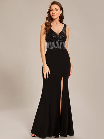 Custom Size Sequin Tassel High Slit Bodycon Evening Dresses #color_Black