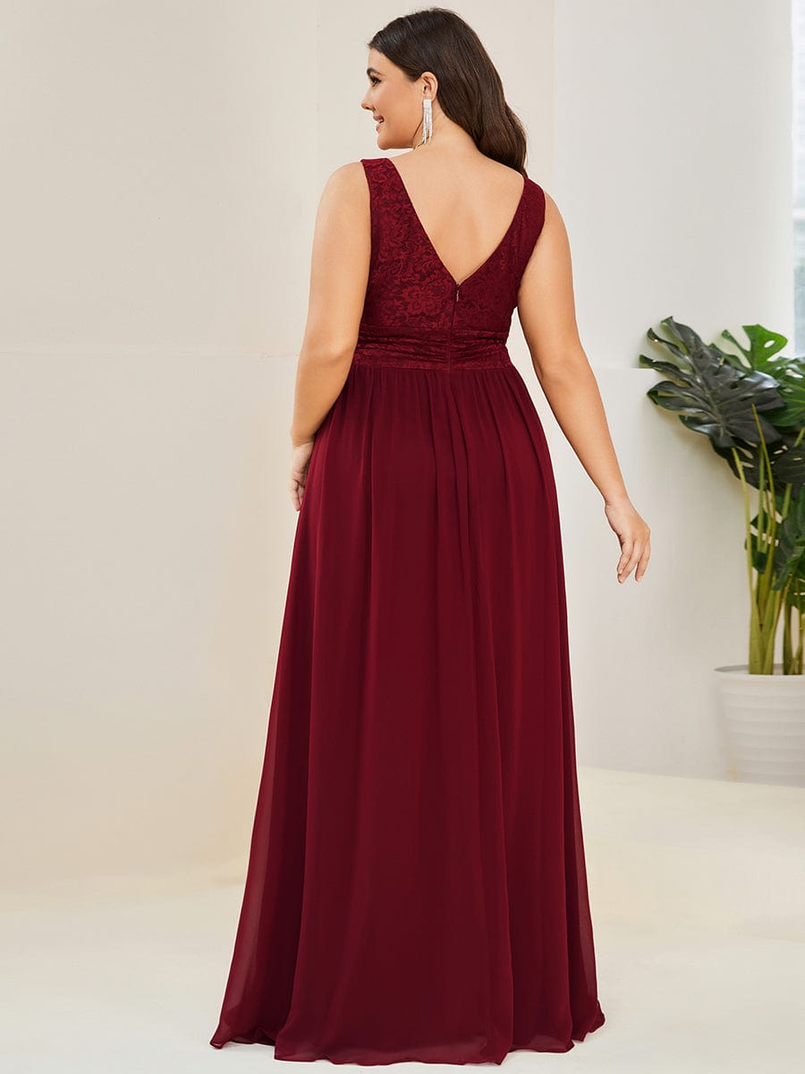 Lace Empire Waist V-Back Sleeveless Chiffon Evening Dress #color_Burgundy