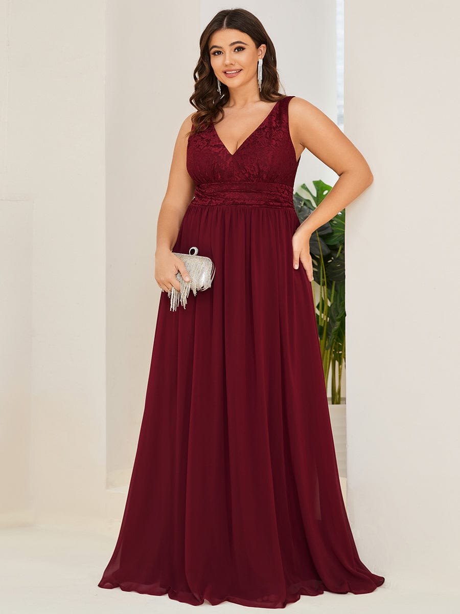 Plus Size Sleeveless Empire Waist V-Neck Chiffon Evening Dress #color_Burgundy