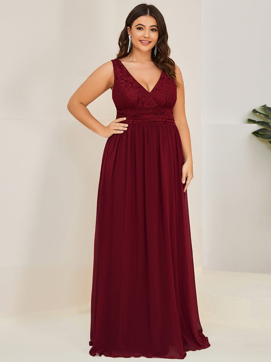 Plus Size Sleeveless Empire Waist V-Neck Chiffon Evening Dress #color_Burgundy