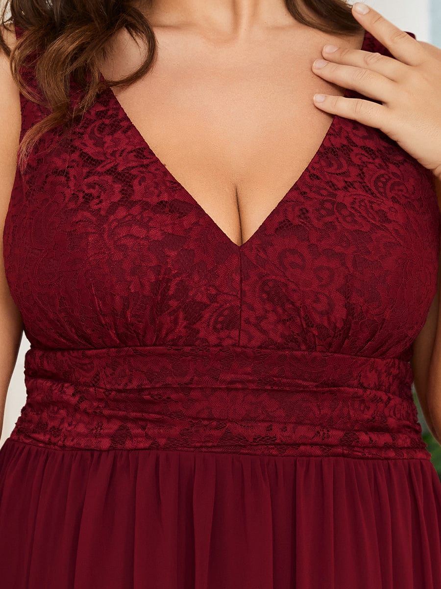 Plus Size Sleeveless Empire Waist V-Neck Chiffon Evening Dress #color_Burgundy