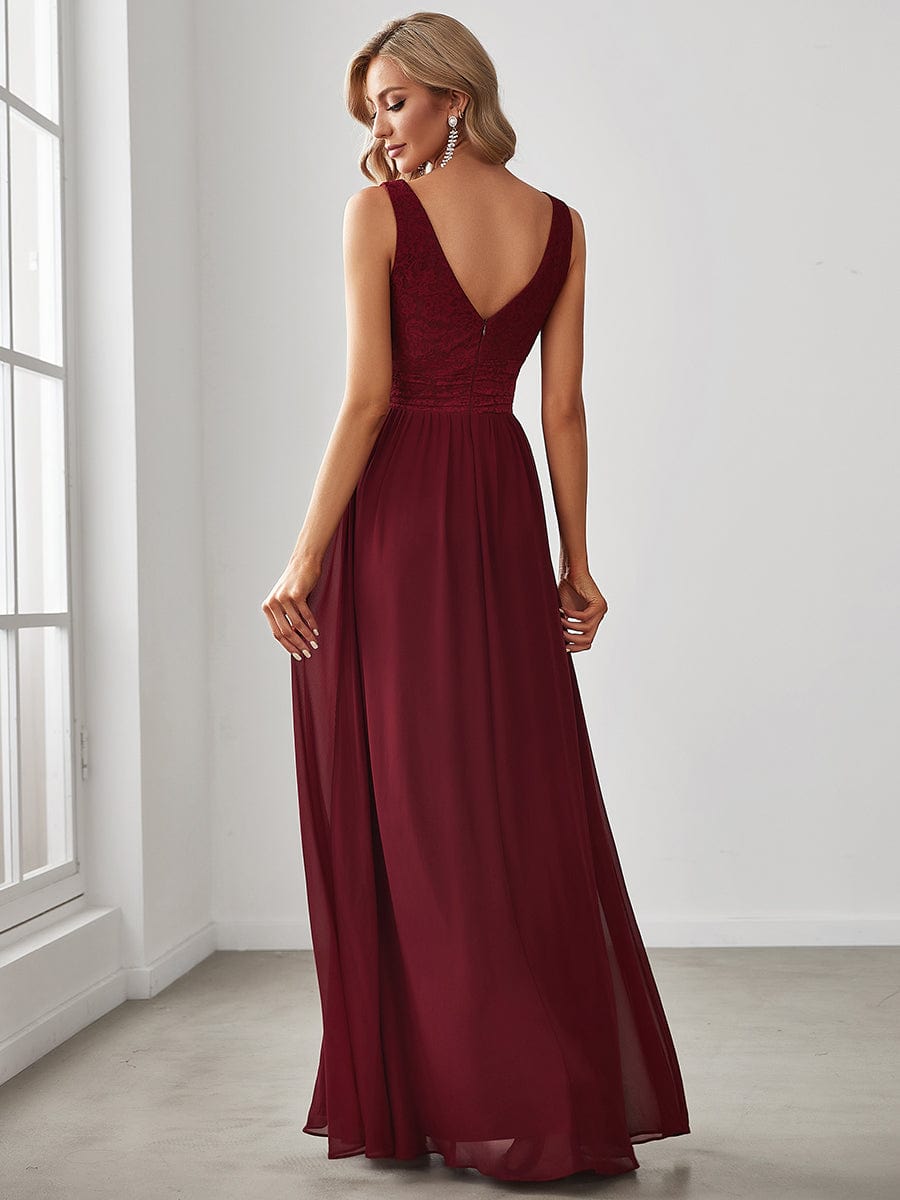 Lace Empire Waist V-Back Sleeveless Chiffon Evening Dress #color_Burgundy