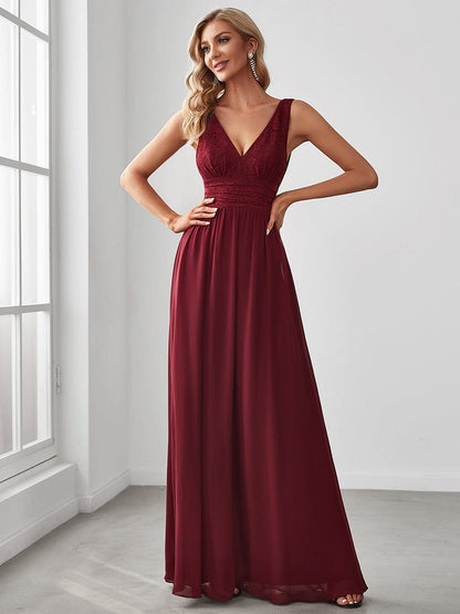 Lace Empire Waist V-Back Sleeveless Chiffon Evening Dress #color_Burgundy