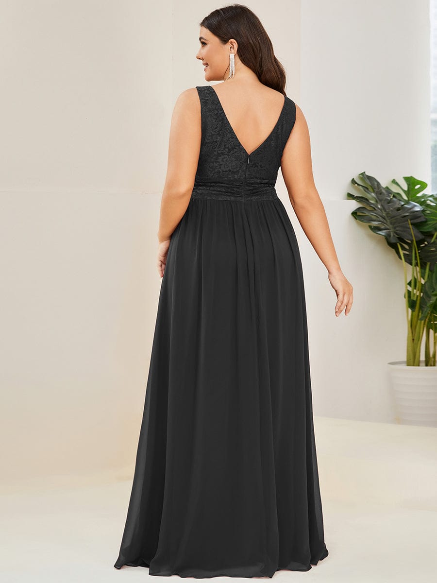 Lace Empire Waist V-Back Sleeveless Chiffon Evening Dress #color_Black