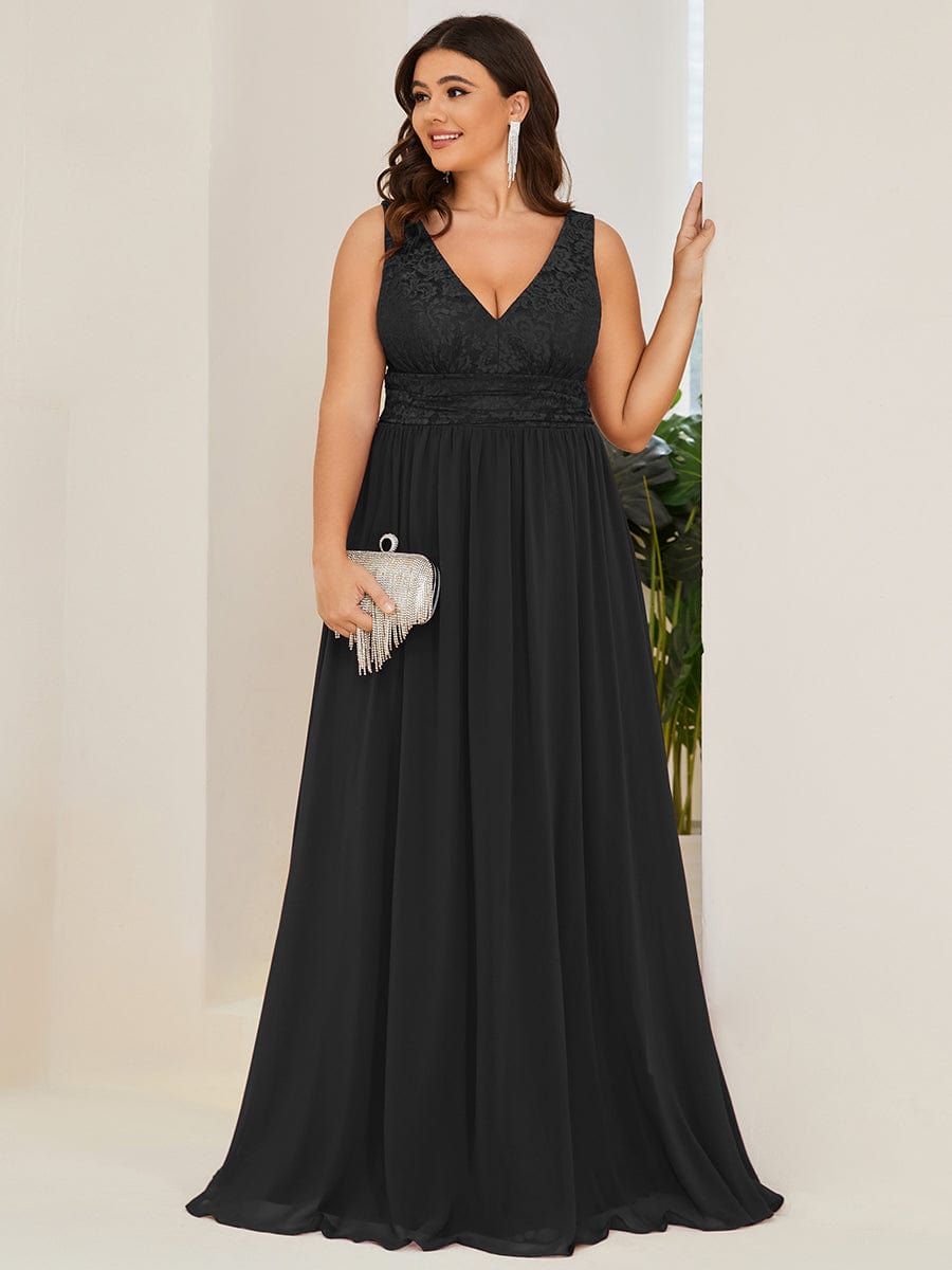 Lace Empire Waist V-Back Sleeveless Chiffon Evening Dress #color_Black