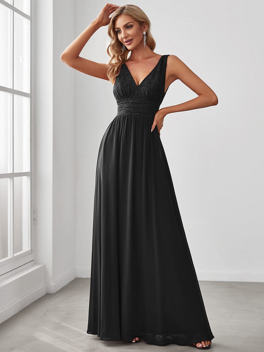 Lace Empire Waist V-Back Sleeveless Chiffon Evening Dress #color_Black