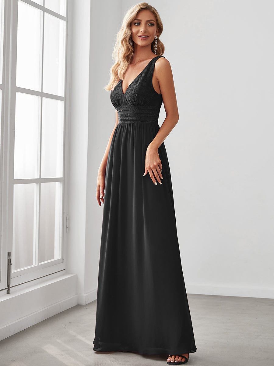 Lace Empire Waist V-Back Sleeveless Chiffon Evening Dress #color_Black