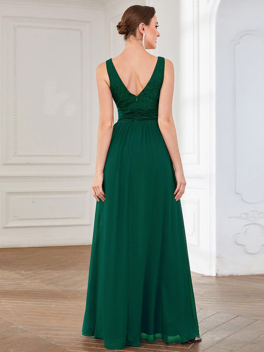 Lace Empire Waist V-Back Sleeveless Chiffon Evening Dress #color_Dark Green