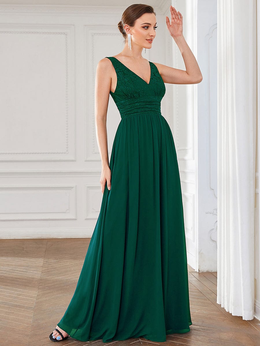 Lace Empire Waist V-Back Sleeveless Chiffon Evening Dress #color_Dark Green