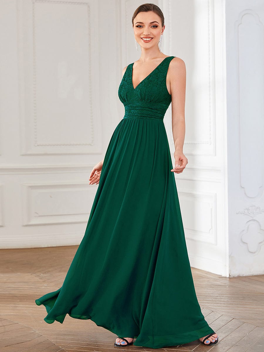 Lace Empire Waist V-Back Sleeveless Chiffon Evening Dress #color_Dark Green