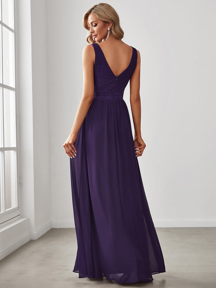 Lace Empire Waist V-Back Sleeveless Chiffon Evening Dress #color_Dark Purple