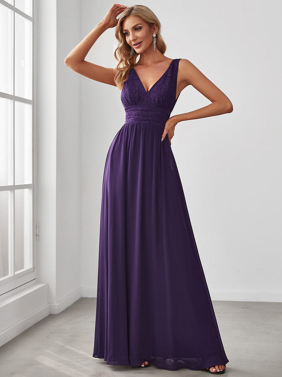 Lace Empire Waist V-Back Sleeveless Chiffon Evening Dress #color_Dark Purple